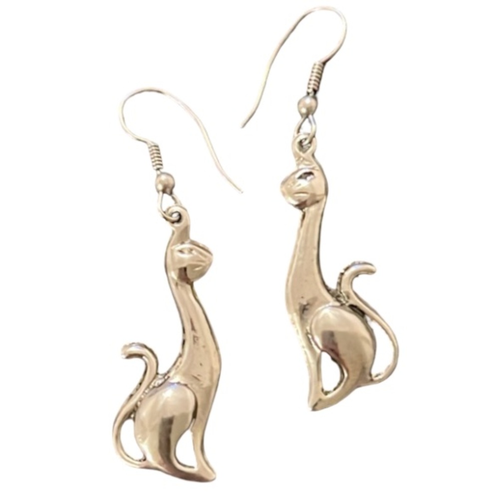 Whimsical Solid Sterling Silver Cat Dangle Earrings